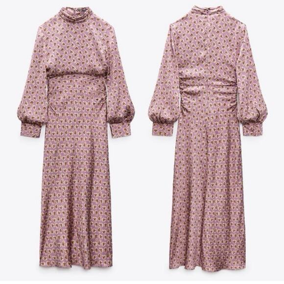 Zara Pink Patterned Midi Dress - Picture 2 of 12